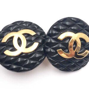 Chanel Rare Classic Black Quilted Gold CC Large Clip on Earrings